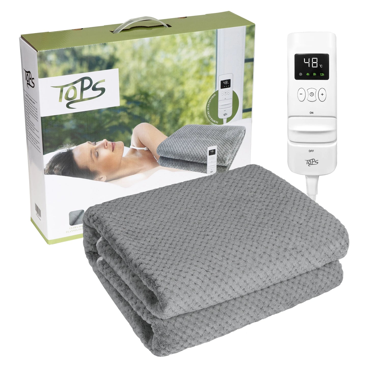 TOPS Electric Blanket Heated Underblanket 150x80cm & 160x140cm, 18-48℃ Heat Settings, 3 Levels of Auto-off Timer, Warm Flannel