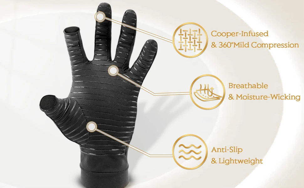 1Pair Copper Arthritis Gloves for Hand Pain Relief, Rheumatoid Osteoarthritis, Swelling, Carpal Tunnel, Compression Gloves